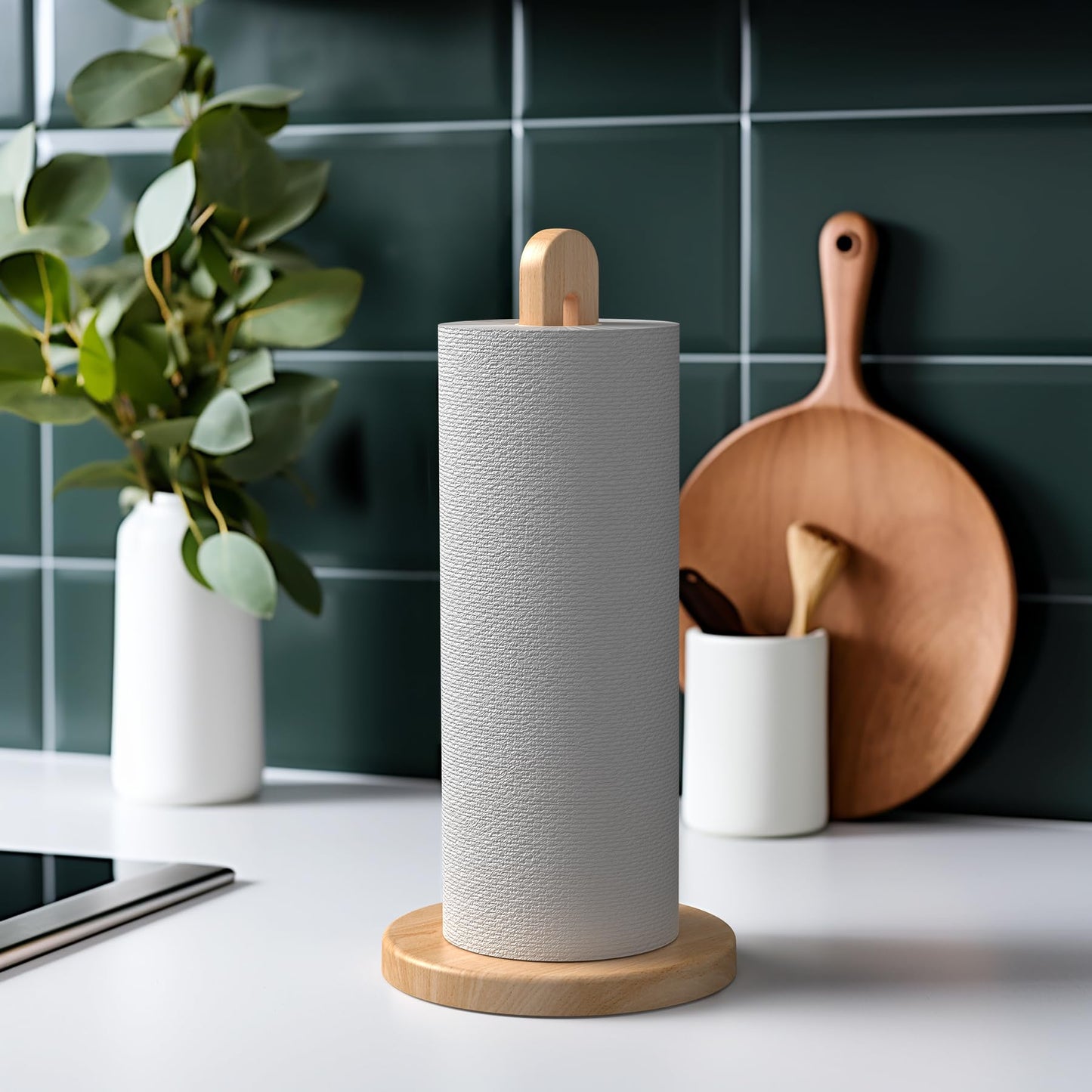 KitchLife Acacia Wooden Paper Towel Holder Countertop, 6.5" Jumbo Base, Fits Jumbo Rolls, Large Freestanding Dark Wood Paper Towel Stand Upgraded Dispenser Organizer with Non-Slip Base