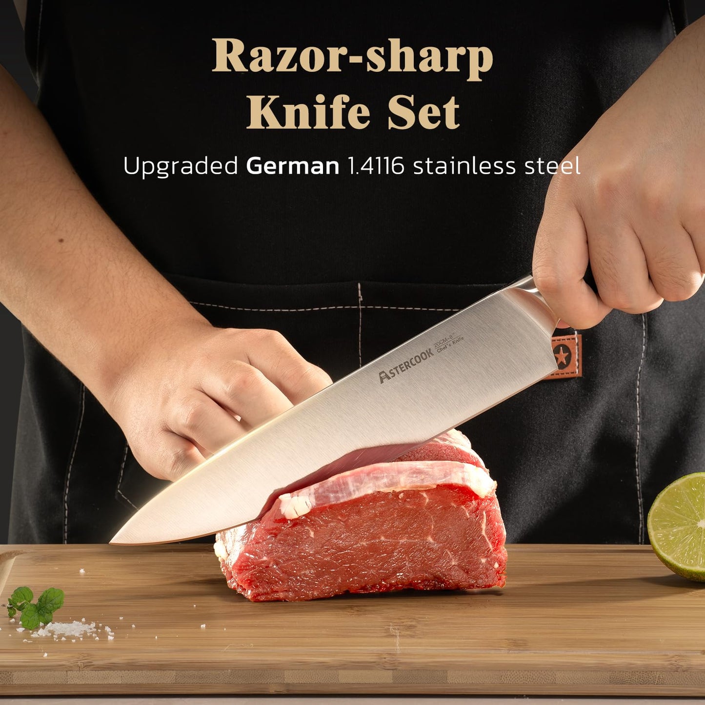 Astercook Knife Set Kitchen with Block and Sharpener Premium Full Tang 17 Pcs German Stainless Steel Knives Dishwasher Safe Kitchen Utensils Set with with and Anti-slip Ergonomic Handle, Cream White