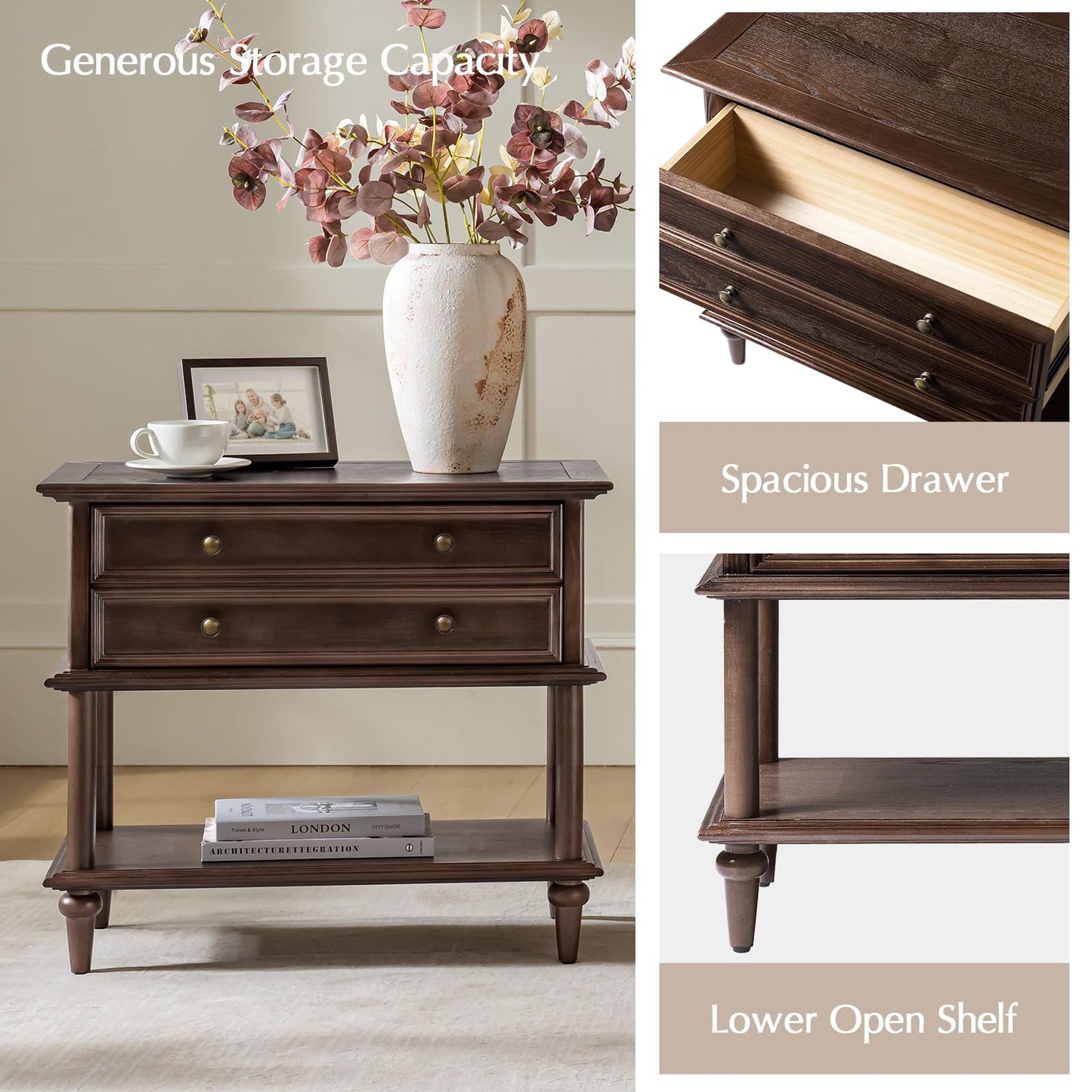 Natural Wood Nightstand with Drawer & Open Shelf