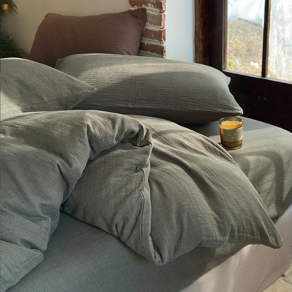 NSNLGSGC 100% Muslin Cotton Houndstooth Duvet Cover King Size, 2-Layer Small Checked Lightweight and Breathable Muslin Bedding, Linen Like Gauze Comforter Cover Set (Mocha Houndstooth, King)
