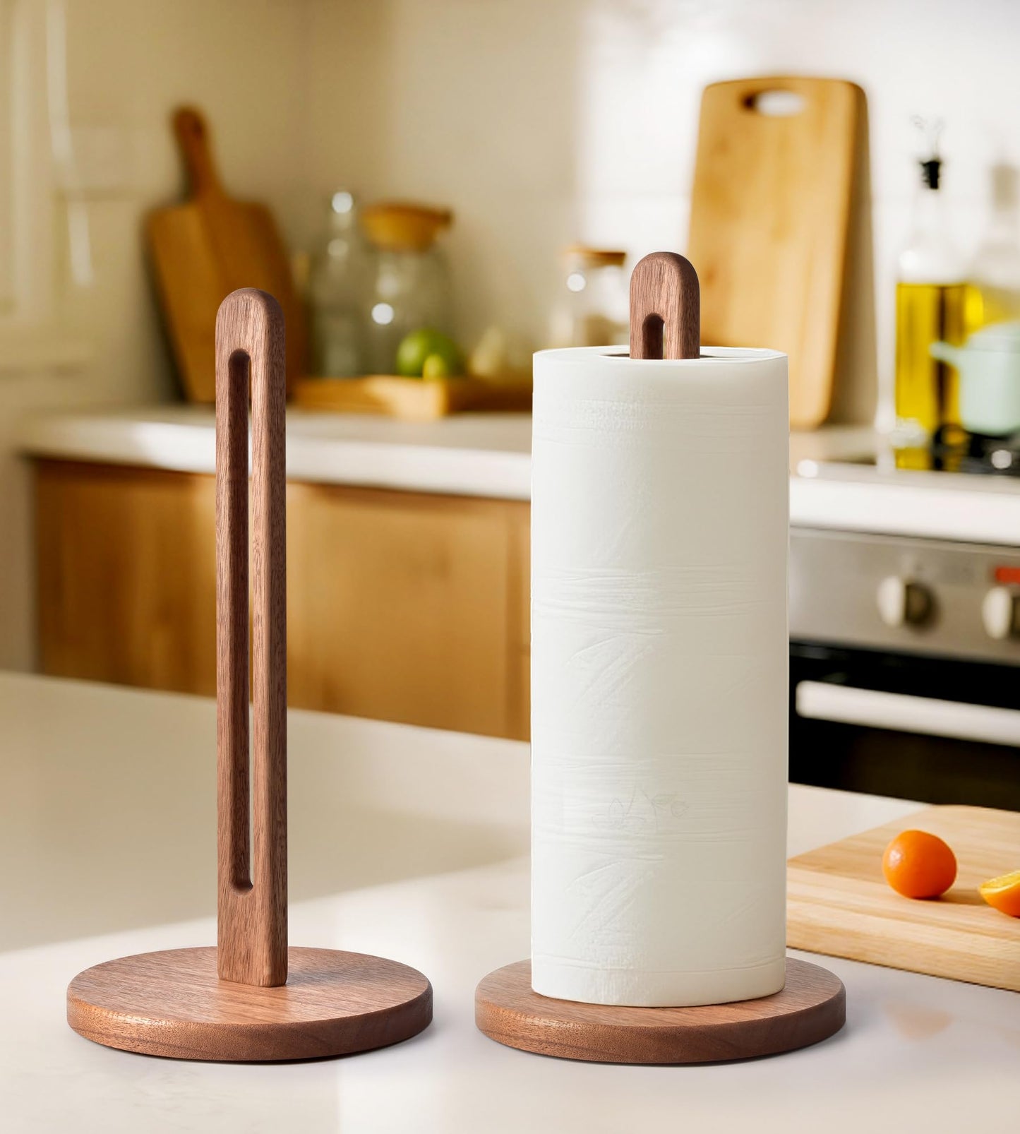 KitchLife Acacia Wooden Paper Towel Holder Countertop, 6.5" Jumbo Base, Fits Jumbo Rolls, Large Freestanding Dark Wood Paper Towel Stand Upgraded Dispenser Organizer with Non-Slip Base