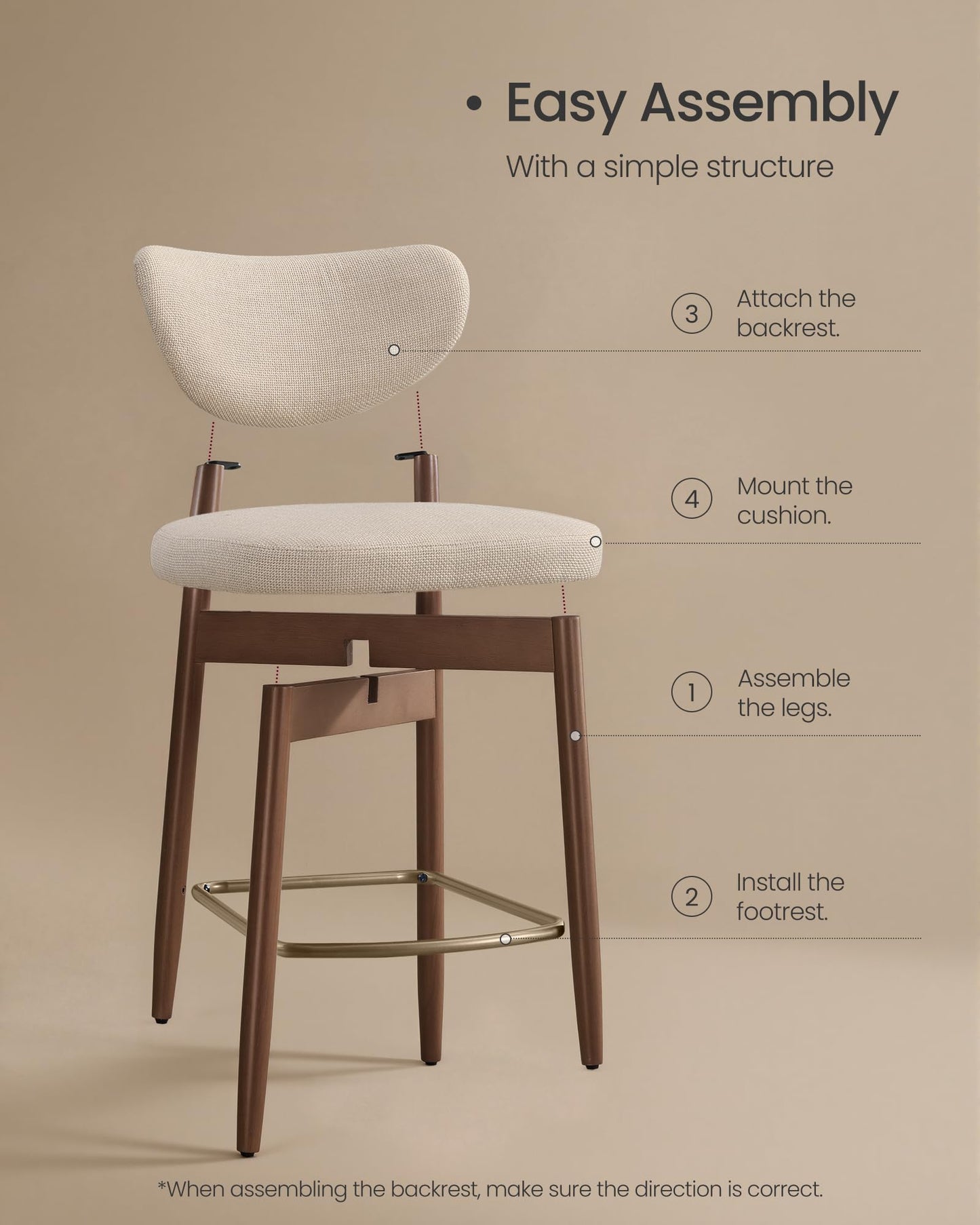 VASAGLE Wooden Bar Stools Set of 2, Upholstered Counter Height Barstools with Solid Wood Legs, Ergonomic Backrest, Mid Century Modern, for Kitchen Island, Linen-Look Fabric, Cappuccino Beige