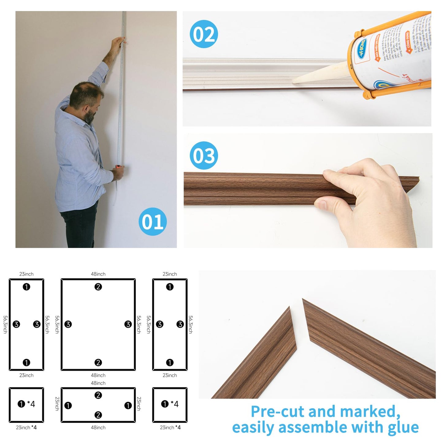 Pre-Cut Wall Molding Set of 6 pcs, Ready-to-Assemble Wainscoting Panels