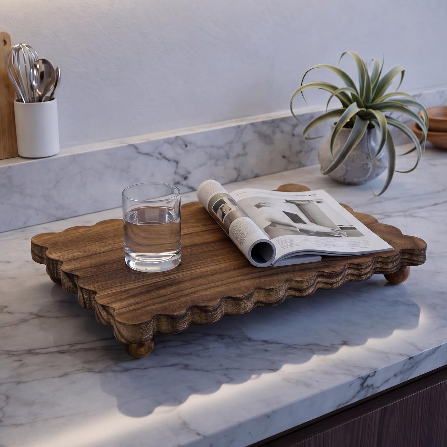 Scalloped Wood Riser Tray