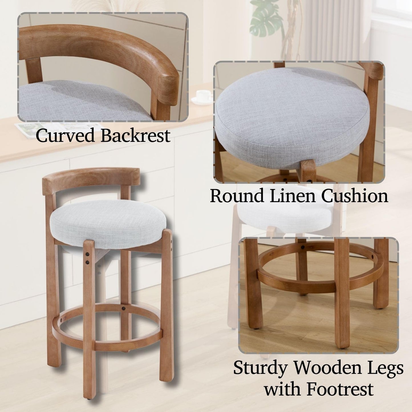 LukeAlon Mid Century Linen Counter Stools Set of 3, Upholstered 26.5" Seat Height Low Barstools with Natural Wood Legs Round Low Back Kitchen Stools with Footrest for Dining Room, Beige