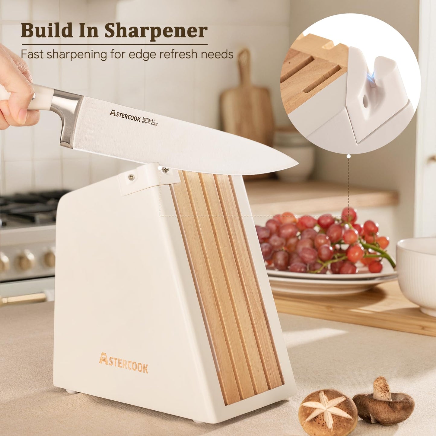 Knife Set,Astercook Kitchen Knife Set with Block 22-Piece Full Tang Stainless Steel Knives with Sharpener Dishwasher Safe and Anti-Slip Ergonomic Handle Elegant Cream White Utensils Set