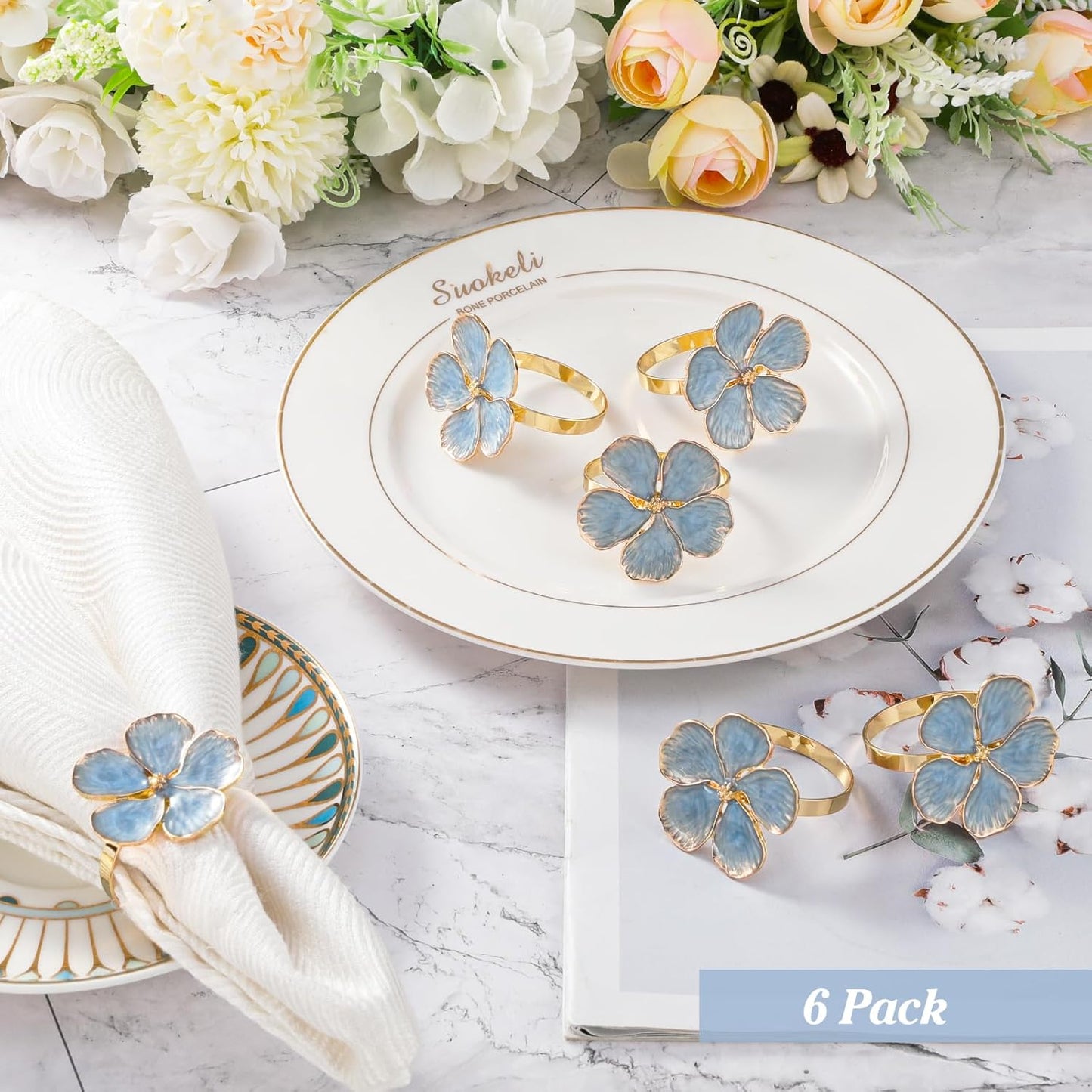 Lewondr Napkin Rings Set of 6 Flowers Napkin Ring Holders Dinner Tables Rings Elegant Ornament Table Setting Decoration for Wedding, Christmas, Thanksgiving, Birthday, Holiday, Party, Blue