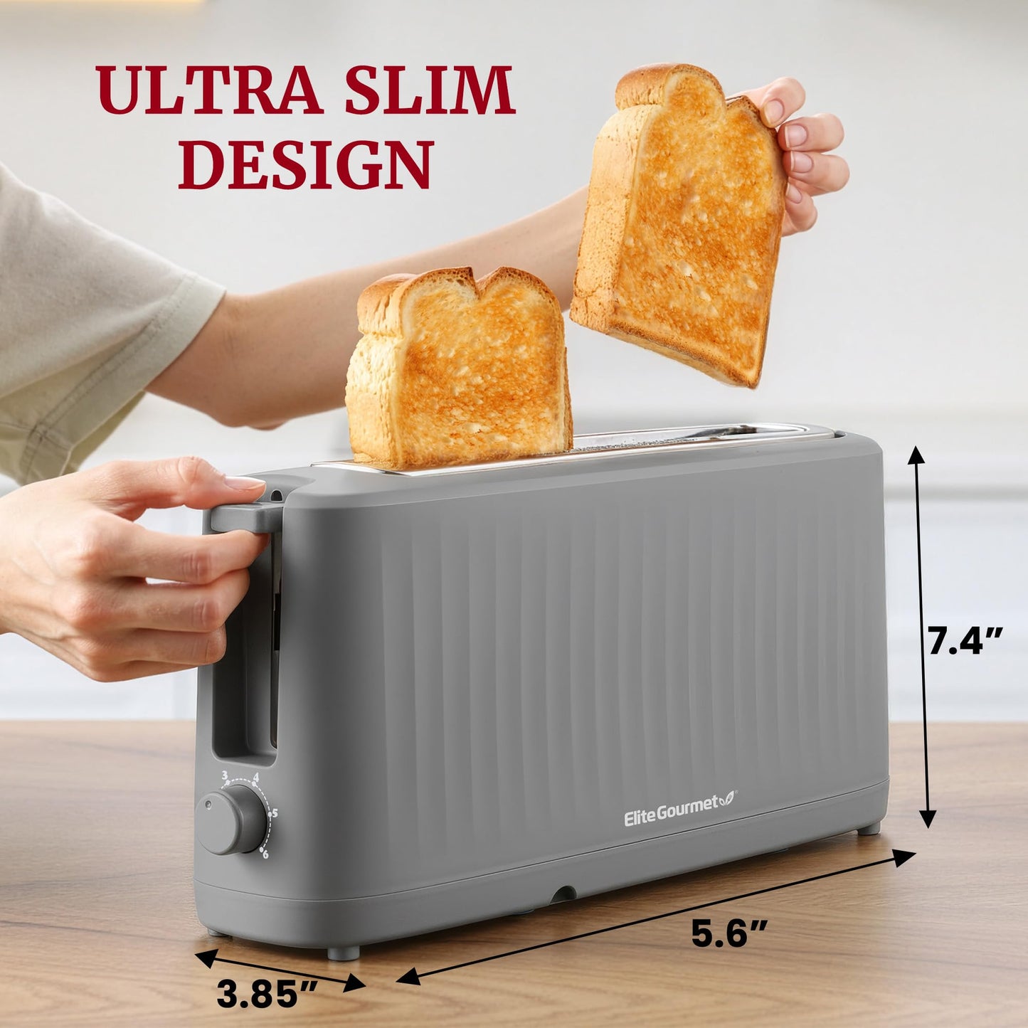 Elite Gourmet ECT2517C SLIMTOAST™ 2-Slice Long Slot Toaster, Cool-Touch Body, 6 Browning Shades, Extra-Wide 1.5" Slot for Artisan Bread, Bagels, Waffles & English Muffins, Cremello