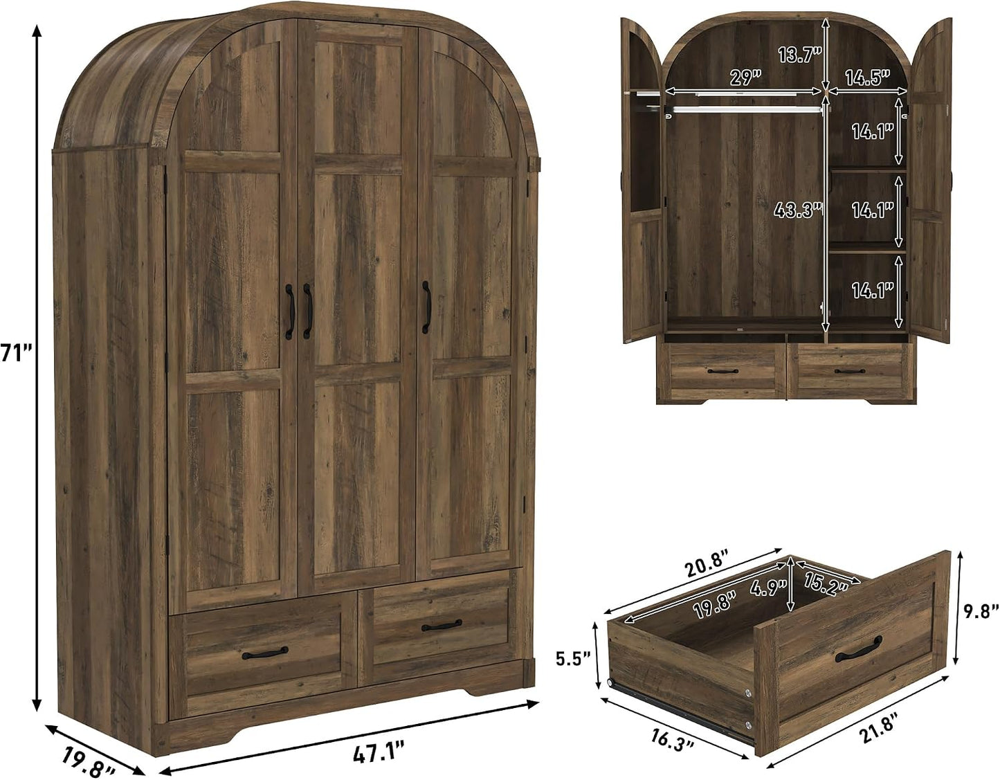 3 Doors Armoire Wardrobe Closet with Doors and Drawers