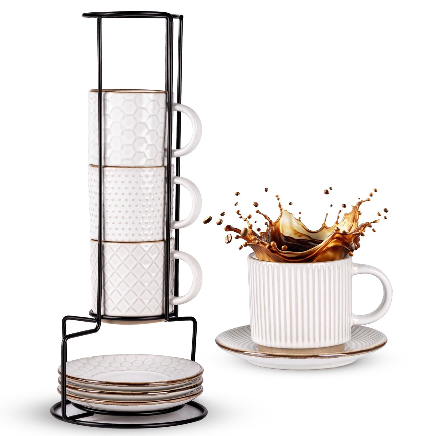GBhome 12OZ Stackable Coffee Mugs, Ceramic Coffee Mugs with Texture Patterns for Man,Woman,Dad,Mom, Modern Coffee Mugs Set of 4 for Latte/Cappuccino/Cocoa. Dishwasher&Microwave Safe, Pale Khaki