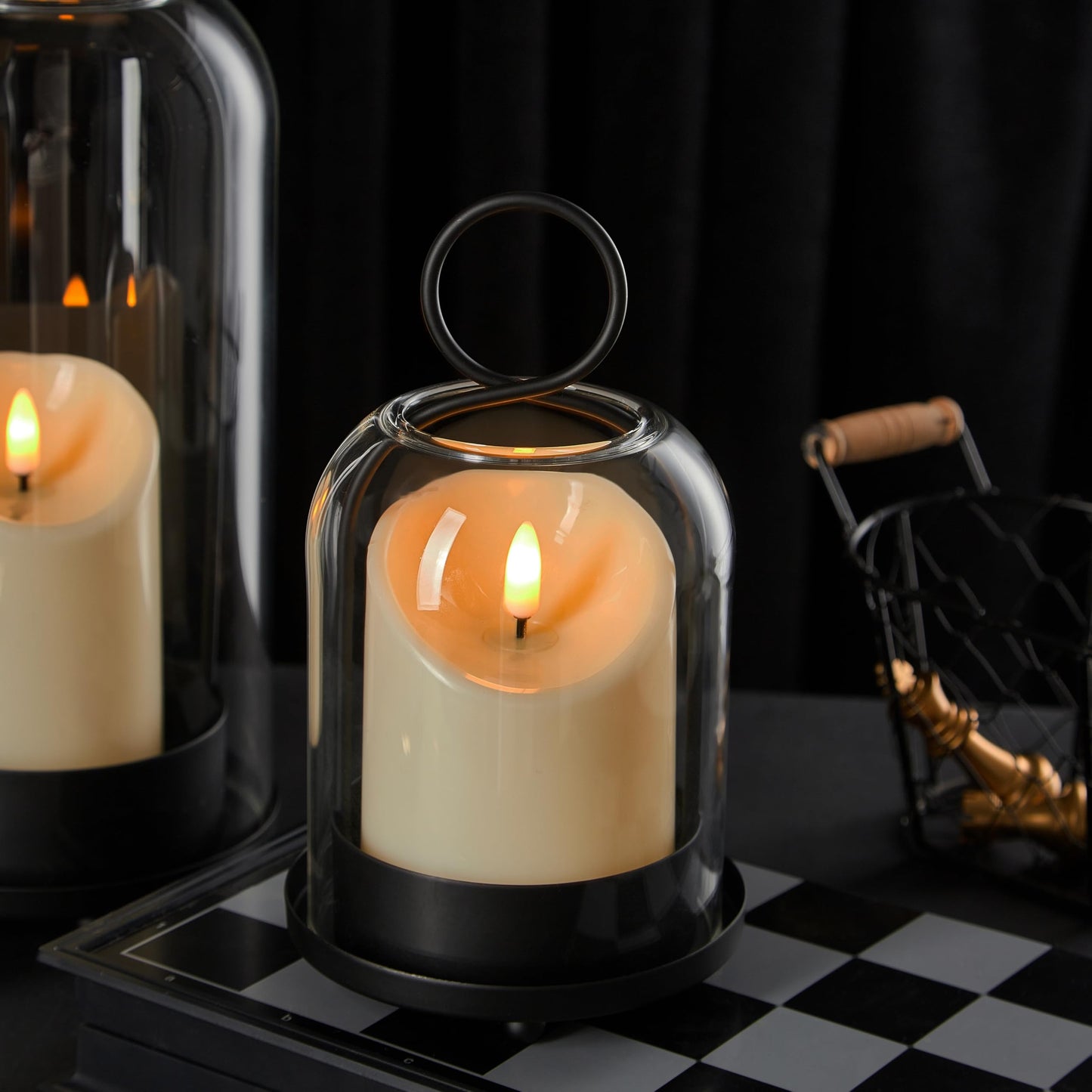 Brass Hurricane Candle Holder with Handmade Glass Dome, Set of 2