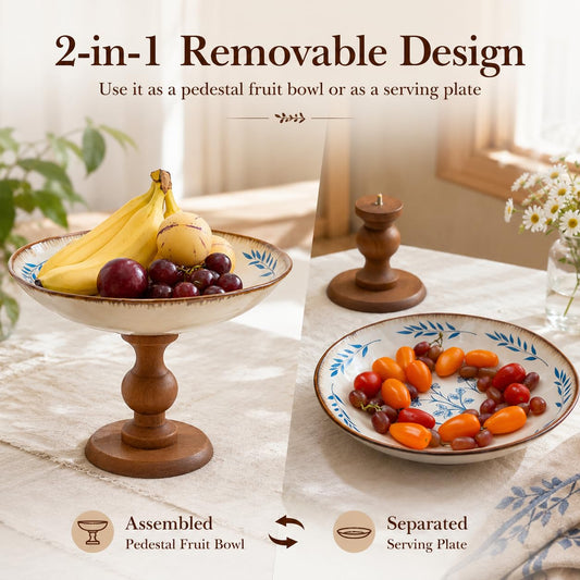 9″ Ceramic Pedestal Fruit Bowl with Removable Wooden Stand