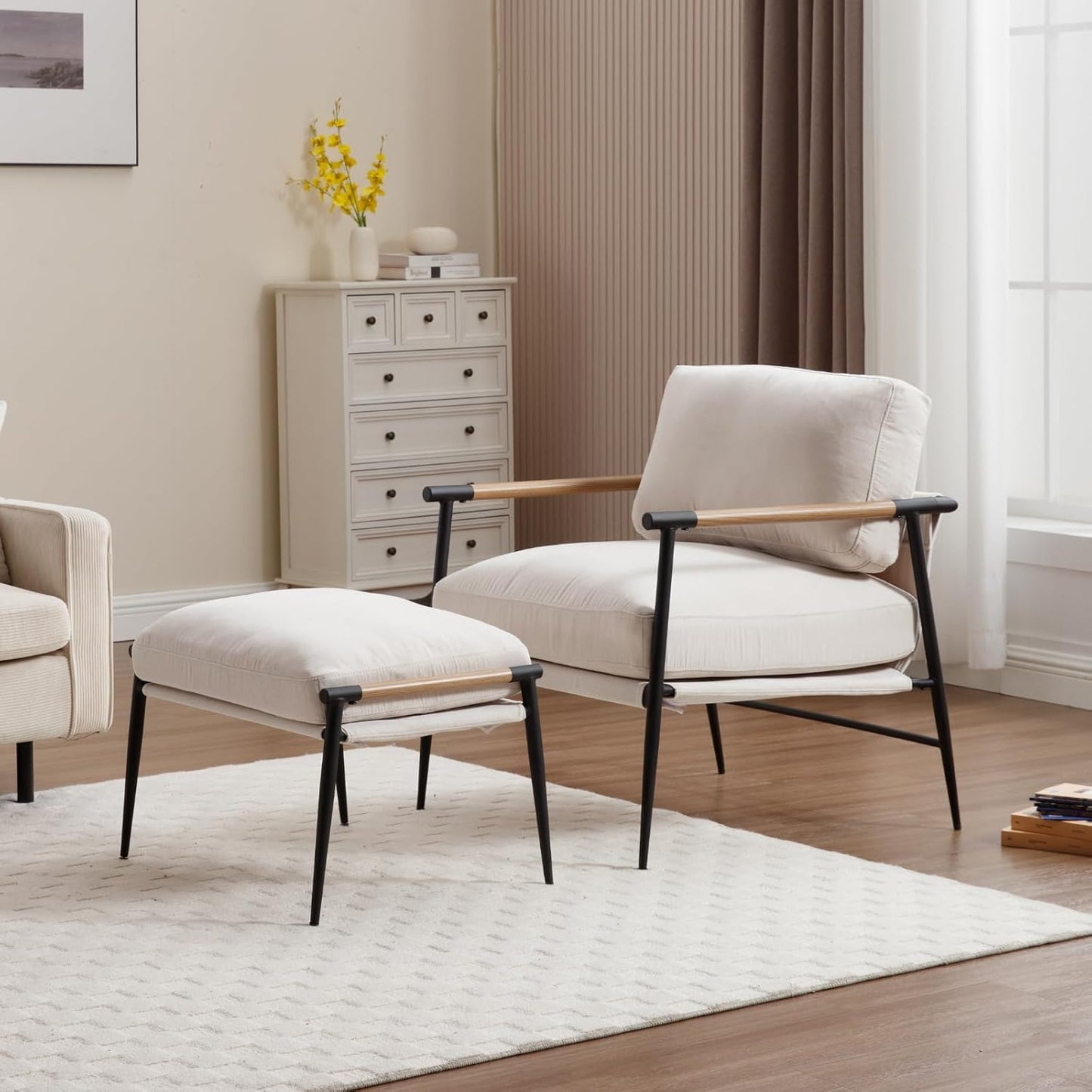 Chenille Upholstered Footstool with Black Legs