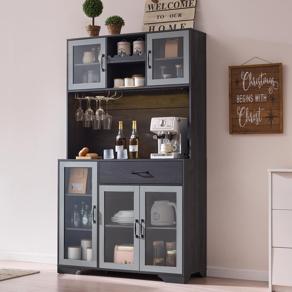 71" Cabinet with Wine Rack and Charging Station, Set of 2