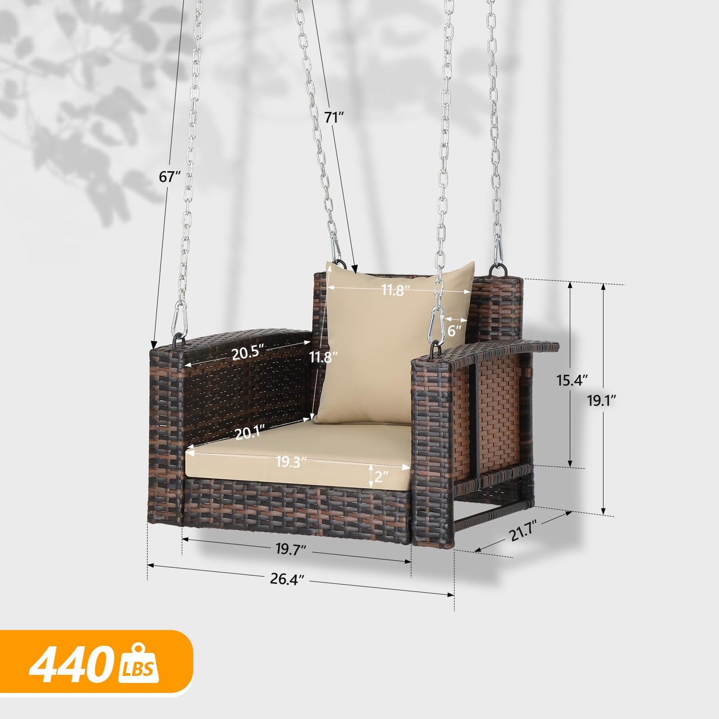 VINGLI 2.4 FT 1-Person Use Round Rattan Porch Swing Outdoor Support 440 LBS with Cushions & Adjustable Chains, Patio Wicker Swing Bench Chair for Garden, Yard, Lawn, Tree, Brown