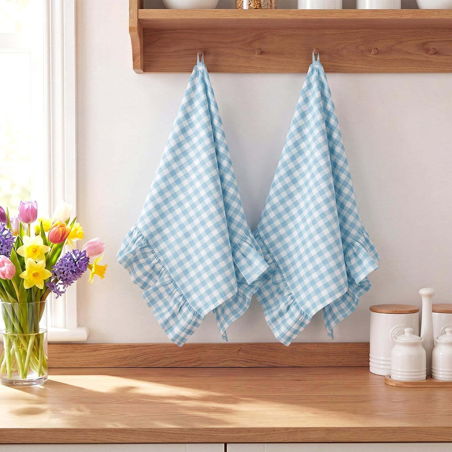 HunnmingRe Taupe Kitchen Towels Set of 2, 100% Cotton Ruffled Gingham Dish Towels 18"x28" Tea Cloths Classic Plaid Pattern for Farmhouse Charm, Drying Dishes, Entertaining Guests