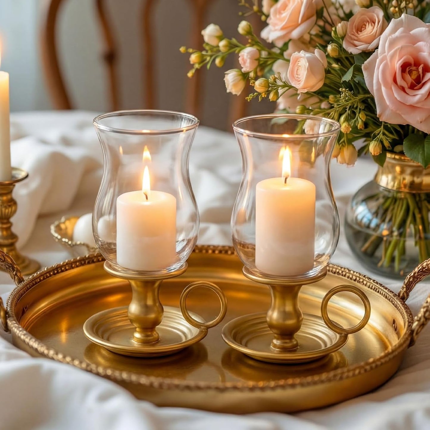 2 Set Hurricane Candle Holders Brass Metal