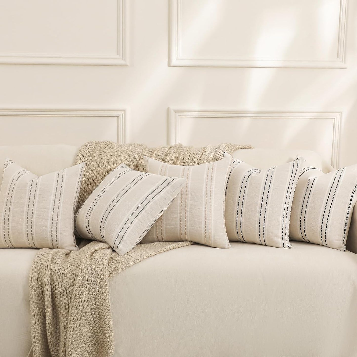 Hckot Hand Made Throw Pillow Covers 20x20 Set of 2 Striped Pillow Covers Linen Decorative Pillows Square Cushion Covers for Sofa Couch Bed Living Room Farmhouse Decor, Khaki