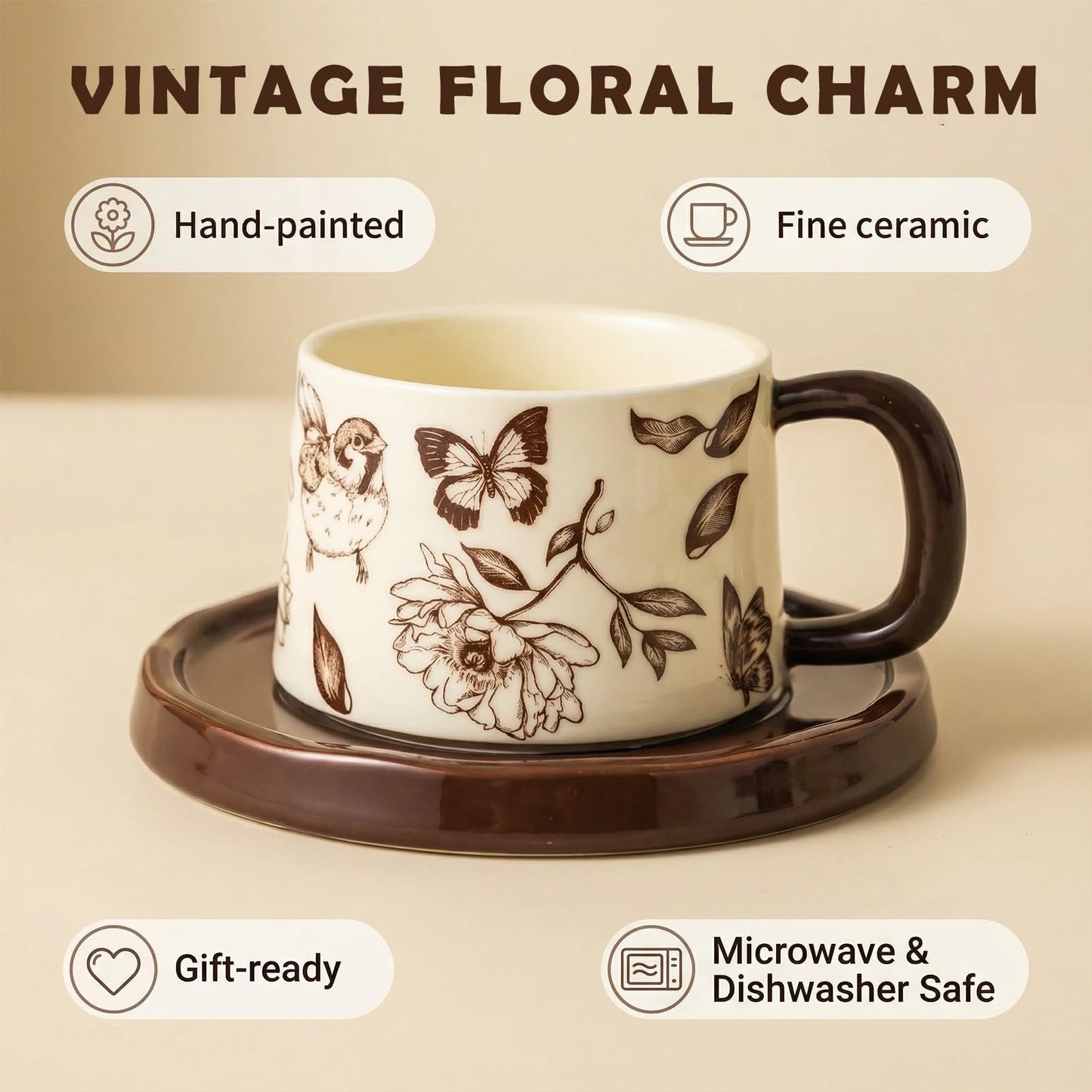 Vintage Floral Coffee Mug and Saucer Set