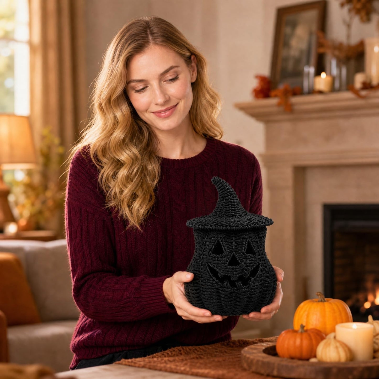 Rattan Lantern Pumpkin Candle Holder with Witch Hat Shape Lid
