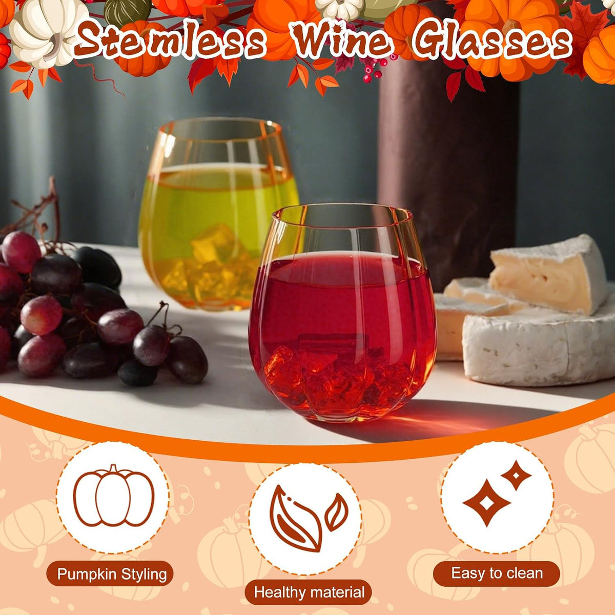 2 Pcs Fall Pumpkin Wine Glasses Stemless Glass Cups