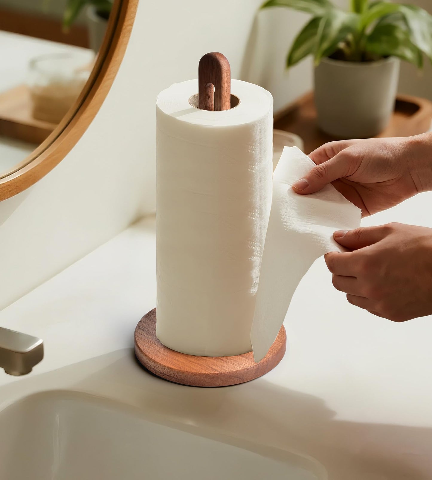 KitchLife Acacia Wooden Paper Towel Holder Countertop, 6.5" Jumbo Base, Fits Jumbo Rolls, Large Freestanding Dark Wood Paper Towel Stand Upgraded Dispenser Organizer with Non-Slip Base