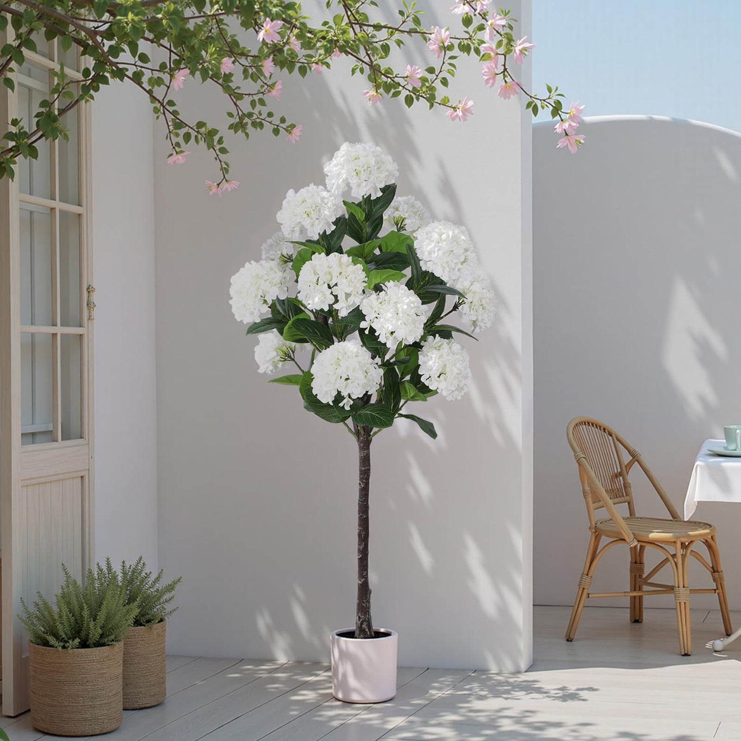 Yepdin 63 inch Artificial Camellia Tree with White Flower Pots - White Fake Tree,5 Ft Faux Plants Indoor wich Blooming,Artificial Plants for Indoor & Outdoor Home Front Door Decor