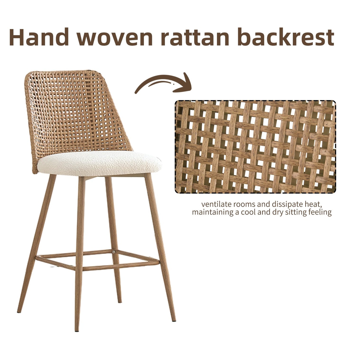 Rattan Bar Stools Set of 2, Counter Height Wicker Bar Stools with Square Back, Square Bar Chair with PE Rattan with Metal Legs,Chair for Home Kitchen
