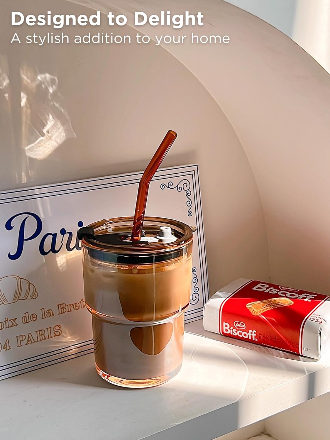 13oz Glass Tumbler with Straw and Lid, Reusable Iced Coffee Cup Tumbler, Cute Glass Cups for Water, Matcha, Travel Coffee Mugs (Amber - 13oz)