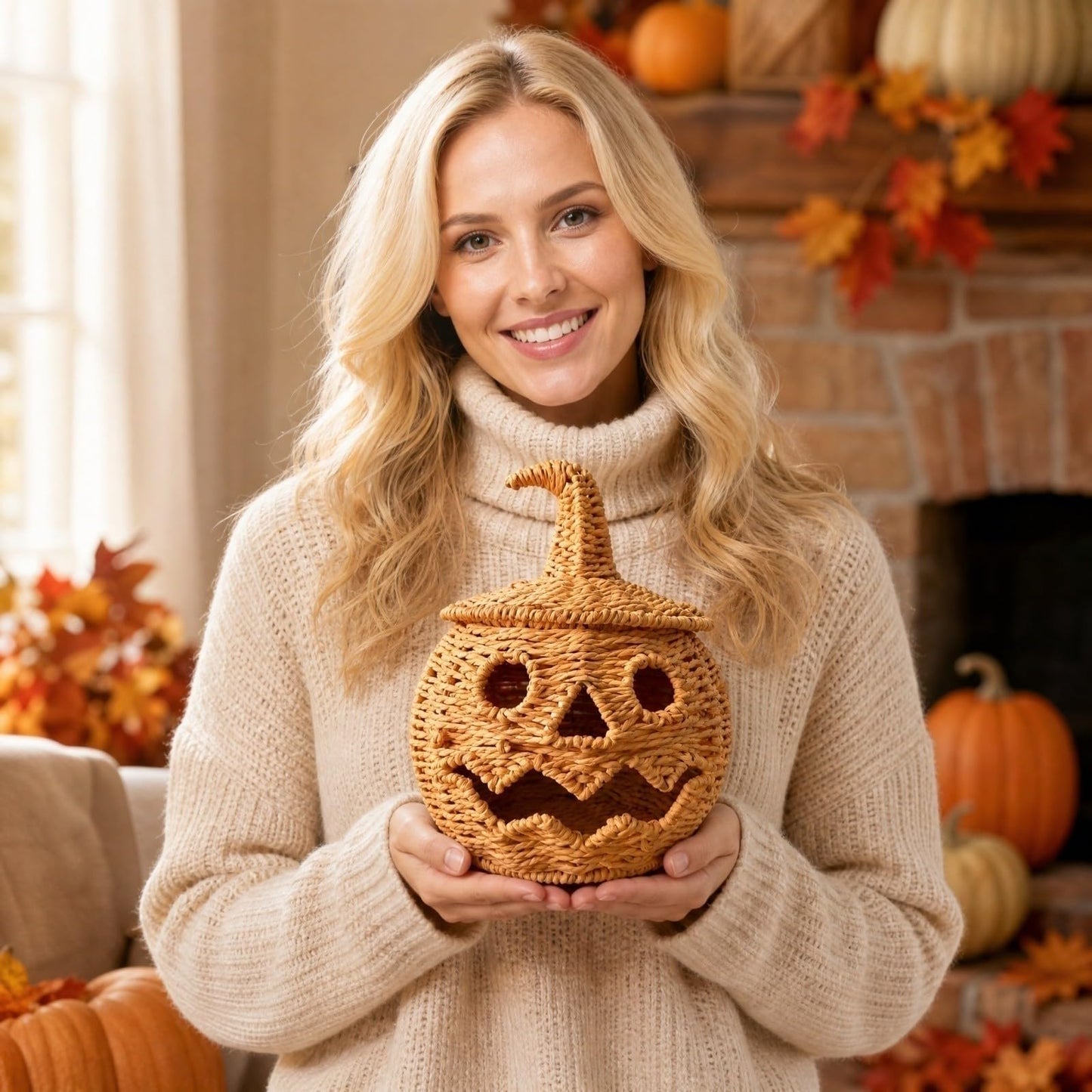 Rattan Lantern Pumpkin Candle Holder with Witch Hat Shape Lid
