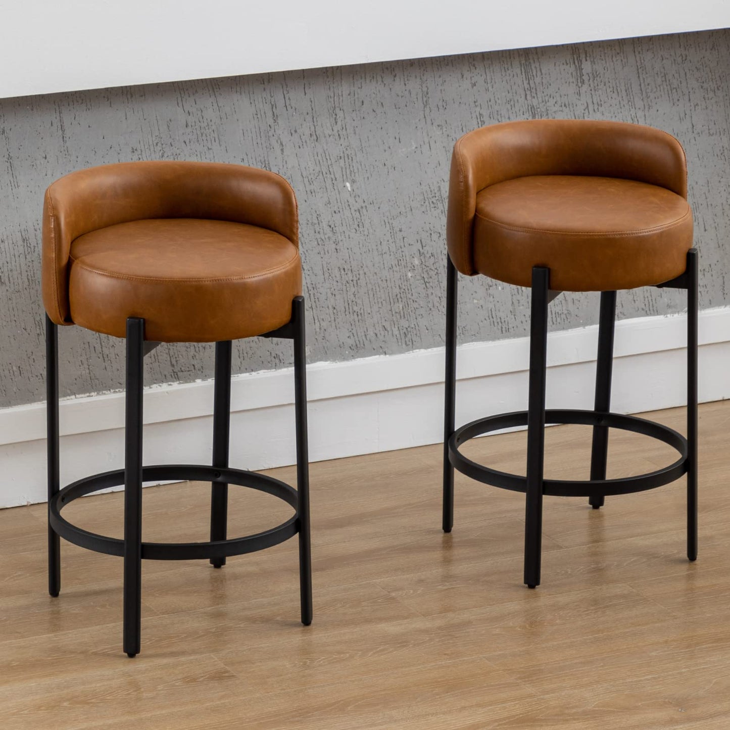 LukeAlon Mid Century Linen Counter Stools Set of 3, Upholstered 26.5" Seat Height Low Barstools with Natural Wood Legs Round Low Back Kitchen Stools with Footrest for Dining Room, Beige
