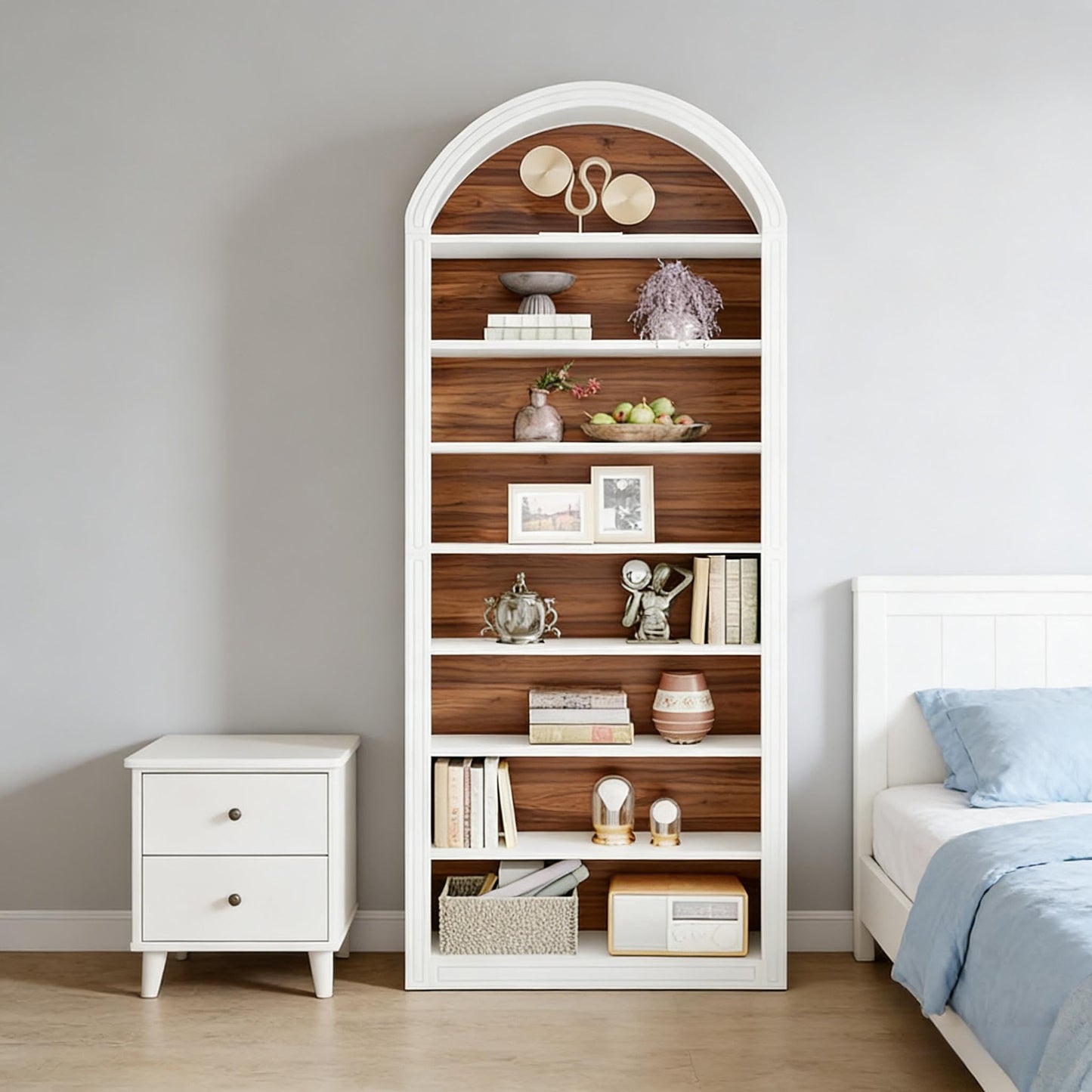 Arched 8 Tier Tall Bookshelf with Wood Back Panel