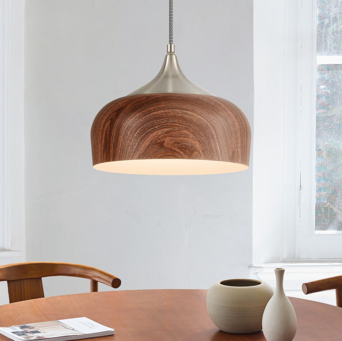 Modern Walnut Wooden Pendant Dome Light