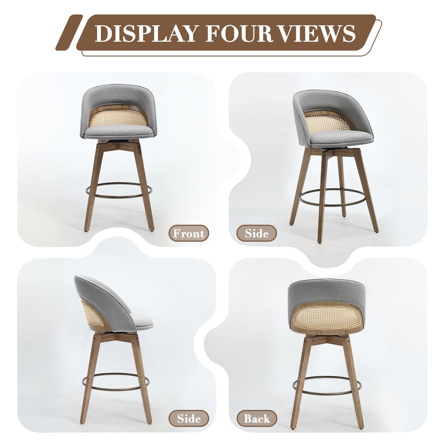 EALSON Bar Stools Set of 4, 26" Swivel Barstools with Rattan Backrest, Modern Faux Leather Upholstered Counter Height Bar Stools with Wood Legs & Bronze Footrest for Kitchen Island/Living Room, Brown
