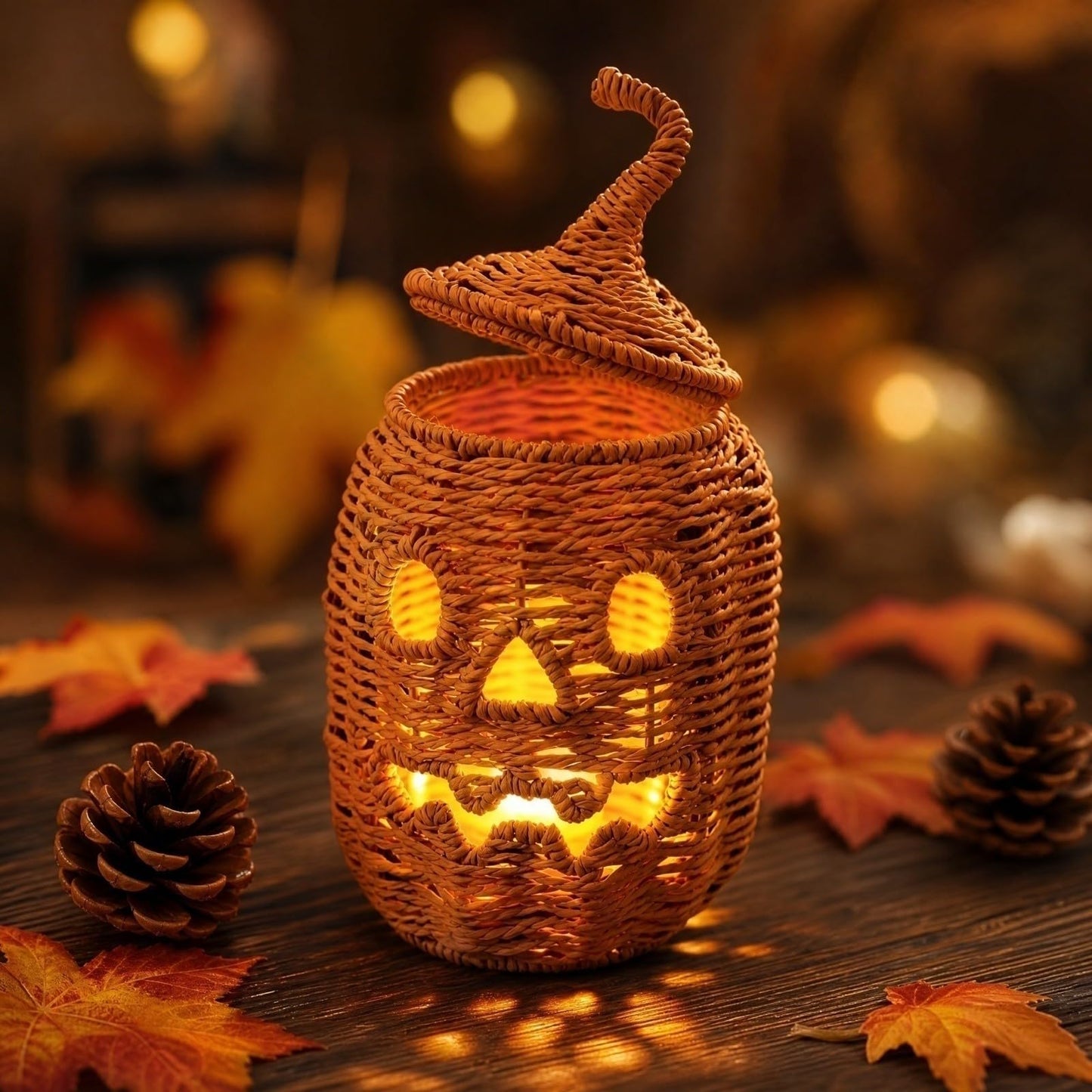 Rattan Lantern Pumpkin Candle Holder with Witch Hat Shape Lid