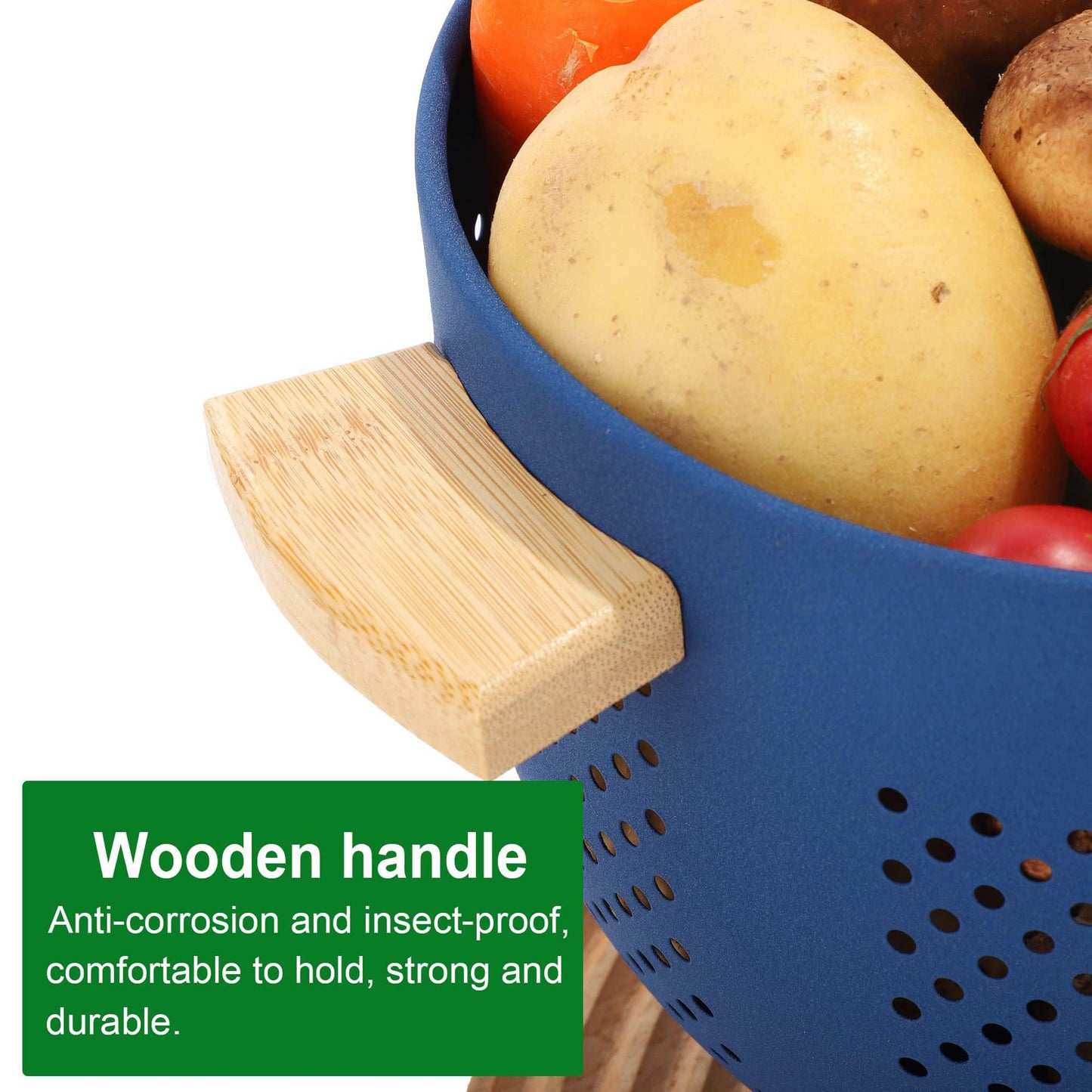 Metal Colander with Wood Handle and Stable Base, Powder Coated Steel Kitchen Strainer Basket for Draining Pasta, Vegetable and fruit(7quart,Sandyellow)