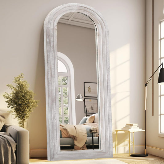 Arched Full Length Mirror with Solid Wood Frame, 71x32 Wall Mounted Floor Mirror with Stand, Vertical Hanging, Leaning Standing for Bedroom, Living Room, Brown