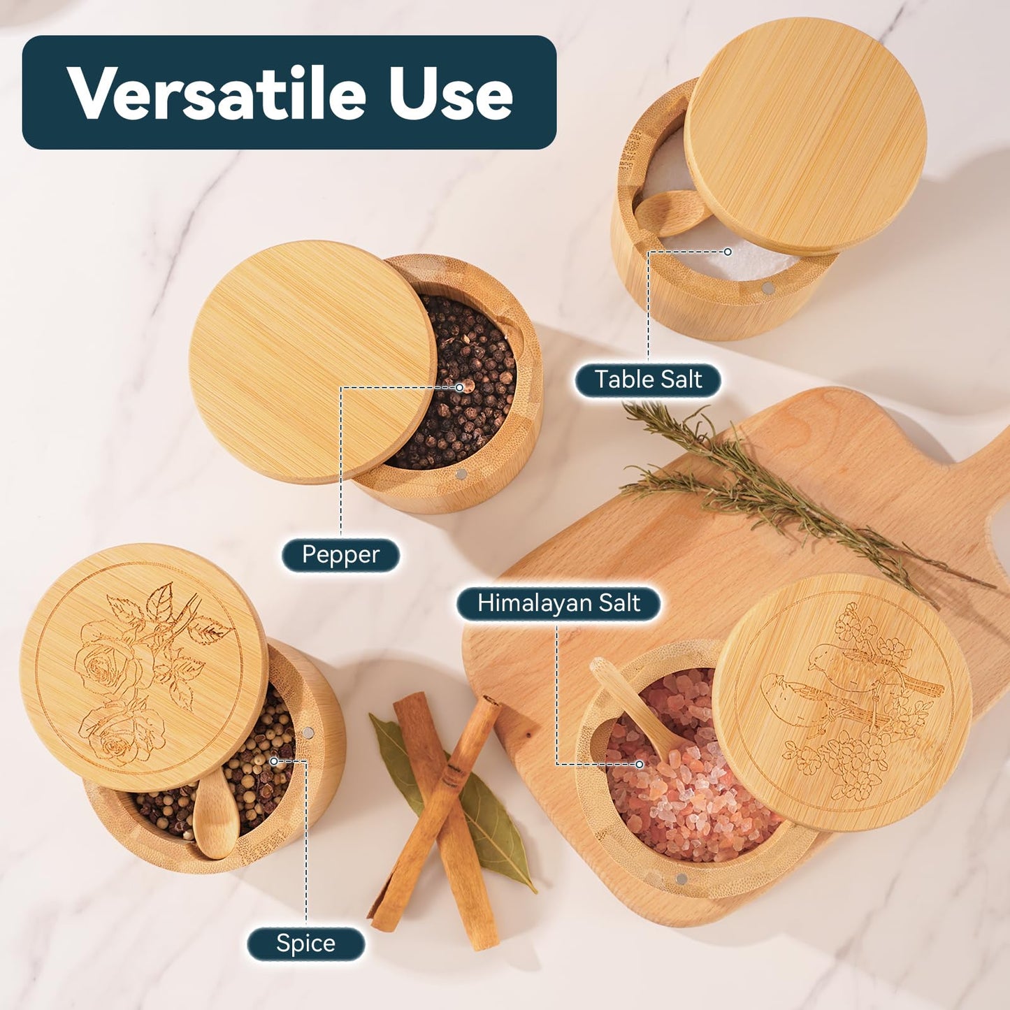 Timtopno Salt Cellar, Acacia Wood Salt Container with Built-in Spoon & Swivel Lid, Engraved SALT Box, Salt Holder Bowl for Countertop Seasoning Storage