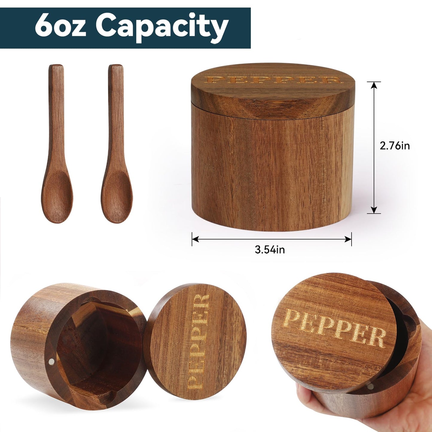 Timtopno Salt Cellar, Acacia Wood Salt Container with Built-in Spoon & Swivel Lid, Engraved SALT Box, Salt Holder Bowl for Countertop Seasoning Storage