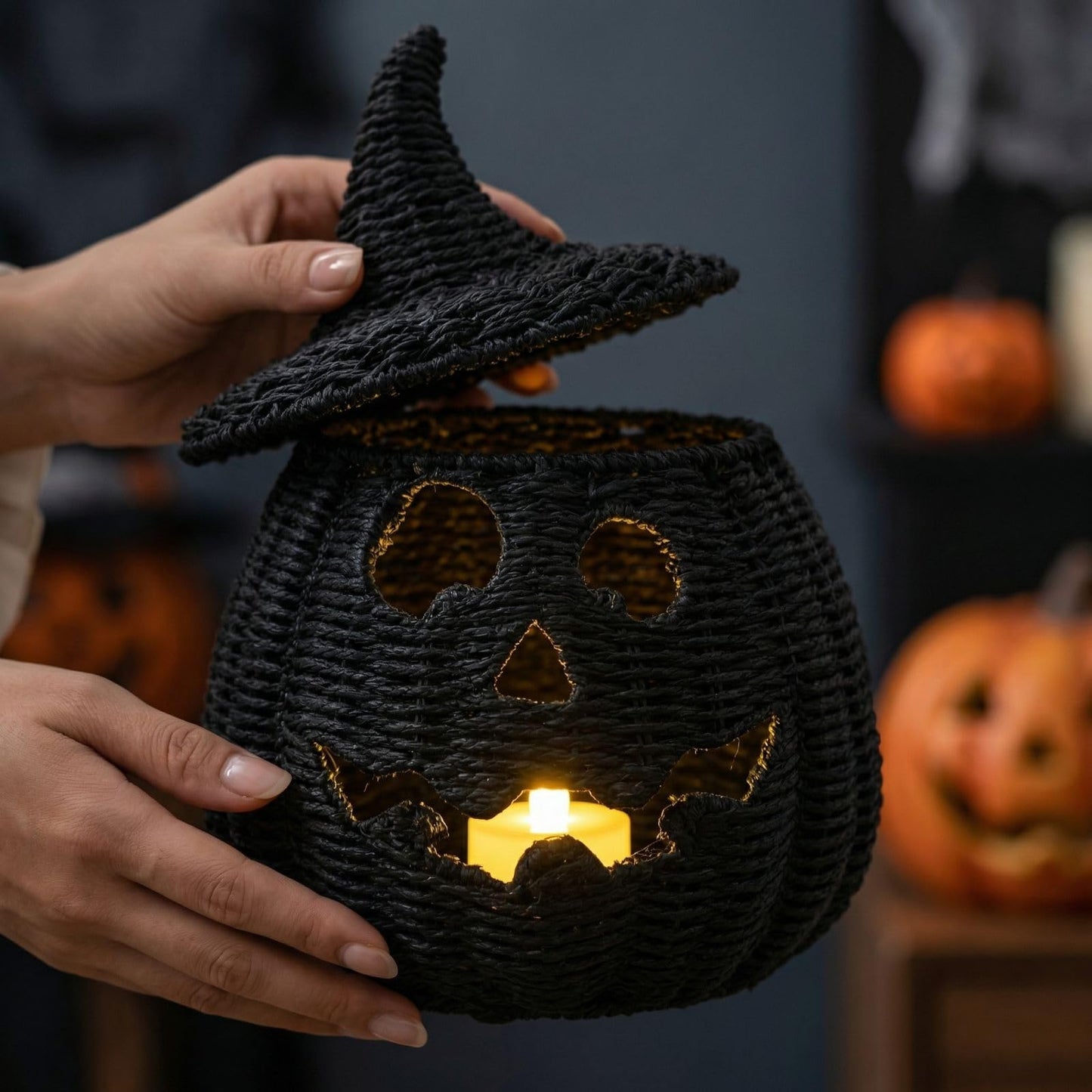 Rattan Lantern Pumpkin Candle Holder with Witch Hat Shape Lid