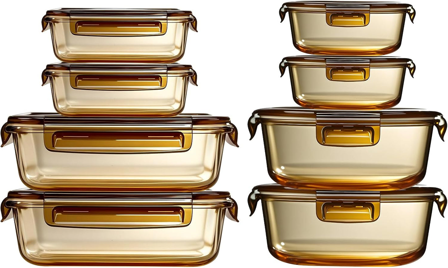 Glass Takeaway Containers with Lids - Meal Prep Container Reusable - Airtight Glass Food Storage Container Set - Lid with Exhaust Valve - 16 Pieces (8 Containers + 8 Lids)