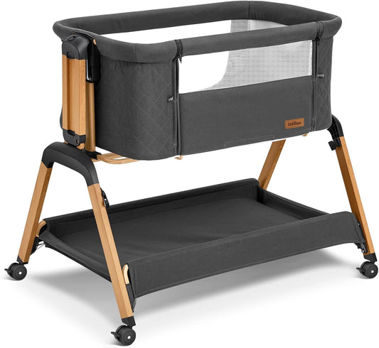TotRun Bassinet Bedside Sleeper, Rocking Bassinets with Comfy Mattress and Wheels for Newborn, 5-Height Adjustable (Black)