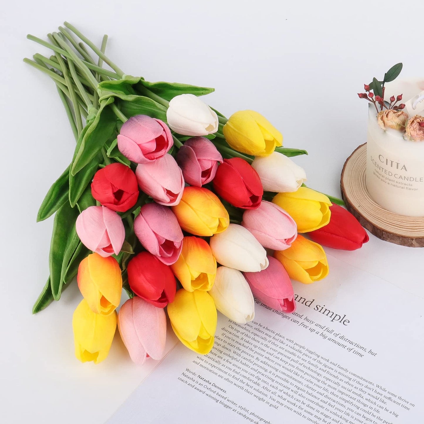 Beferr White Tulips Artificial Flowers 18Pcs Faux Silk Tulip Real Touch Tulip Fake Flowers Bouquets Arrangements for Mother's Day Easter Spring Flowers Gifts Home Table Decor