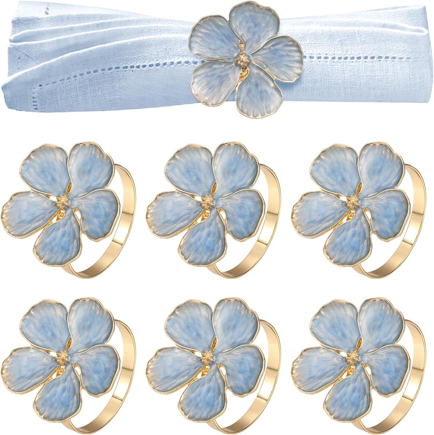 Lewondr Napkin Rings Set of 6 Flowers Napkin Ring Holders Dinner Tables Rings Elegant Ornament Table Setting Decoration for Wedding, Christmas, Thanksgiving, Birthday, Holiday, Party, Blue