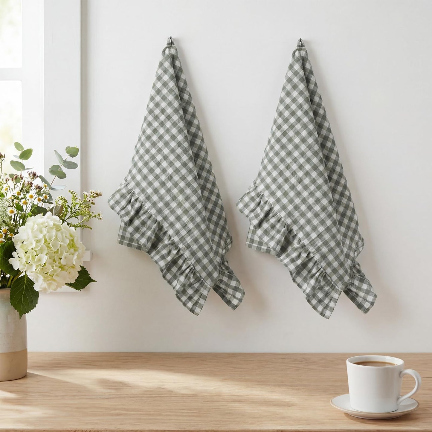 HunnmingRe Taupe Kitchen Towels Set of 2, 100% Cotton Ruffled Gingham Dish Towels 18"x28" Tea Cloths Classic Plaid Pattern for Farmhouse Charm, Drying Dishes, Entertaining Guests