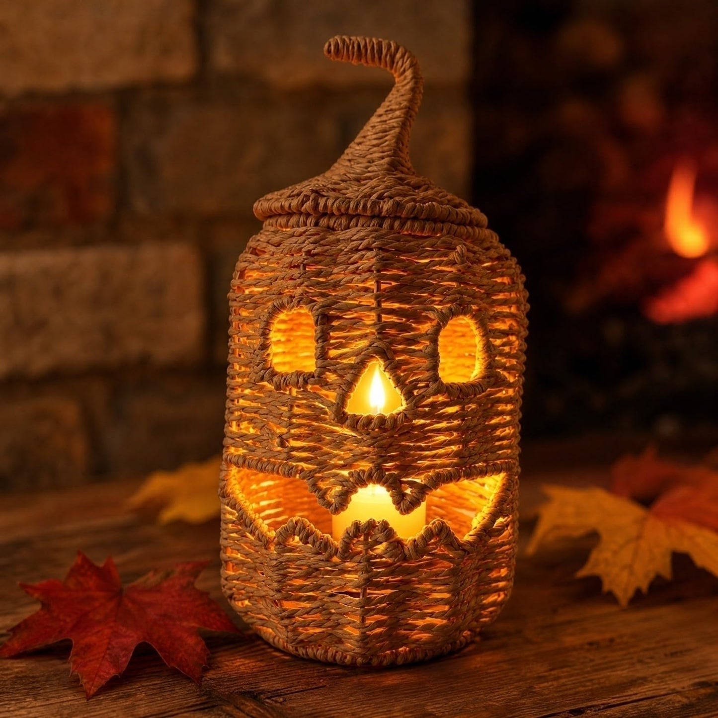 Rattan Lantern Pumpkin Candle Holder with Witch Hat Shape Lid