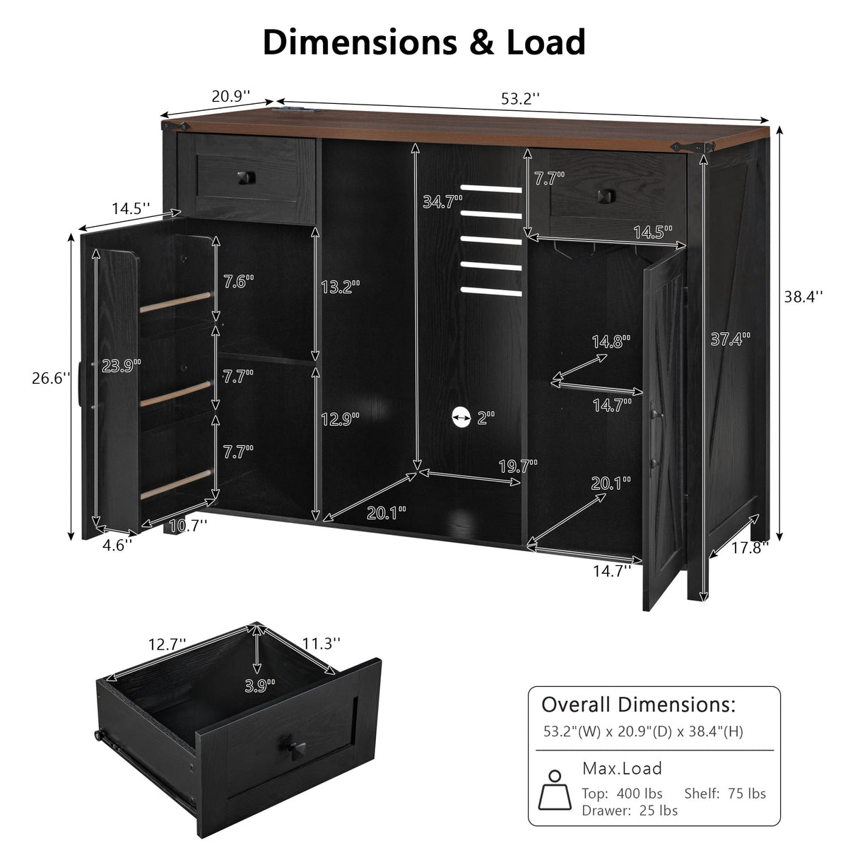 51" Modern Coffee Bar Cabinet with Fridge Space & 2 Drawers