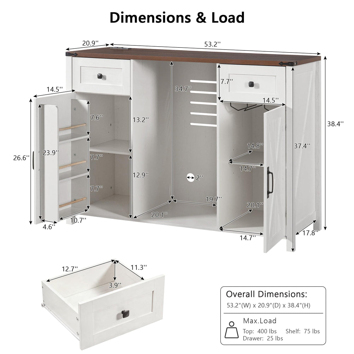 51" Modern Coffee Bar Cabinet with Fridge Space & 2 Drawers