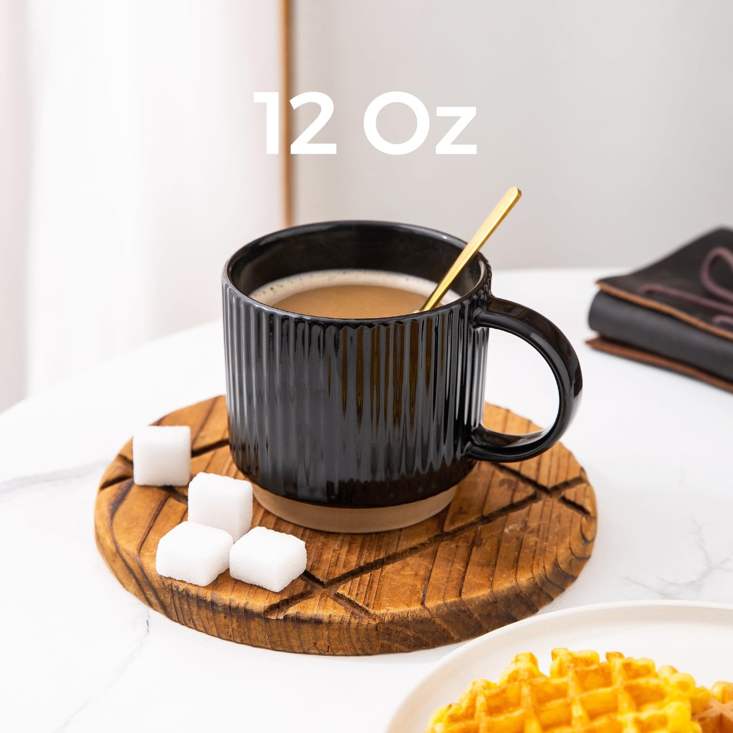 GBhome 12OZ Stackable Coffee Mugs, Ceramic Coffee Mugs with Texture Patterns for Man,Woman,Dad,Mom, Modern Coffee Mugs Set of 4 for Latte/Cappuccino/Cocoa. Dishwasher&Microwave Safe, Pale Khaki