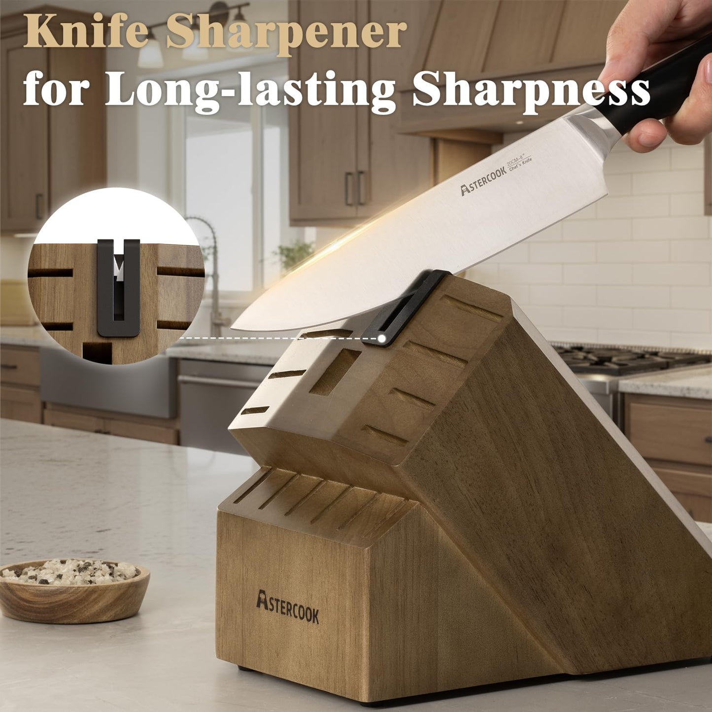 Astercook Knife Set Kitchen with Block and Sharpener Premium Full Tang 17 Pcs German Stainless Steel Knives Dishwasher Safe Kitchen Utensils Set with with and Anti-slip Ergonomic Handle, Cream White